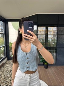 Resim Maison Meda Mavi Denim Crop Yelek Işıltılı Dokunuşlarla Sezonun En Göz Alıcı Parçası Mavi 