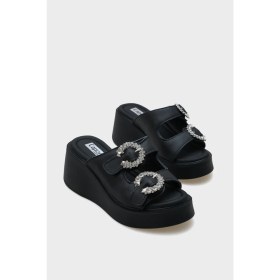 Resim Capone Outfitters Charm Hakiki Deri Dolgu Topuklu Taşlı Çift Bantlı Konfor Kadın Terlik 