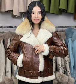 Resim Hakiki Tilki Aksesuarlı Kahverengi Koyun Kürk Manto OZEL1 (Standart Kesim) - XL 