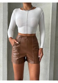 Resim Parçalı Cepli Deri Şort Taba W26312 Taba 