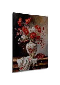 Resim Yağlı Boya Görünümlü Kırmızı Beyaz Çiçek Buketi Vazo Dekoratif Ahşap Ev,antre,salon,ofis Tablo--- 60 X 90 