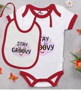 Resim Bitmeyen Kartuş Bk Kids Stay Groovy Tasarımlı Kırmızı Bebek Body Zıbın Ve Mama Önlüğü Hediye Seti-1 