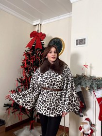 Resim Yaka kürklü kemerli leopar desen panço-LEOPAR - STD 