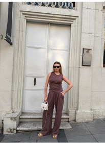 Resim Bonacosa Kadın Viskon 3 Lü Takım Kimono + Beli Lastikli Salaş Pantolon + Sıfır Kol Kolsuz 8 Renk Kahverengi 