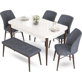 Resim Canisa Concept Aya Serisi 80 x 132 cm Beyaz Masa Ceviz Ayak Mutfak Masa Takımı 4 Sandalye 1 Bench 