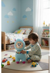 Resim Büyük Boy Yumuşak Peluş Lama Oyuncak - Yumuşacık Uyku Arkadaşı Fularlı Lama 35 Cm Mavi 