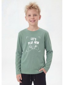 Resim Panios Kids Yuvarlak Yaka Uzun Kollu Baskı Detaylı Erkek Çocuk Sweatshirt Mint Yeşili 