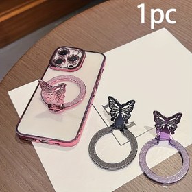 Resim 1 adet Simli Kelebek Desenli Ultra İnce Manyetik Kablosuz Şarj Edilebilir Katlanabilir Arka Yapışkanlı Telefon Kılıfı Evrensel Yüzük Tutucu 
