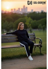 Resim dikarei Gd Goldoremi 040 Modal Kadın Şerit Detaylı Kolları Manşetli Bol Kesim Eşofman Takım Siyah 