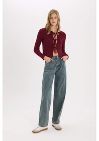 Resim DeFacto Regular Fit Bisiklet Yaka Bağlamalı Basic Düz Triko Bordo Hırka E6914AX25SPBR188 Bordo 