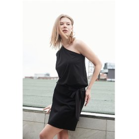 Resim Kadın Tek Omuz Bağcıklı Likralı Kumaş Şık Diz Üstü Elbise-siyah Siyah 