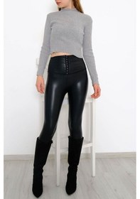 Resim Kadın Modern Stil Yarım Balıkçı Crop Triko Gri Çok Renkli 