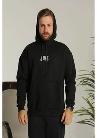 Resim Erkek Baskılı Oversize Üç İplik Kapüşonlu Sweatshirt - Siyah Siyah 