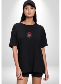 Resim Kırmızı Şapka Maymun Siyah Oversize Unisex Ön Orta Minimal Baskılı Tişört Siyah 