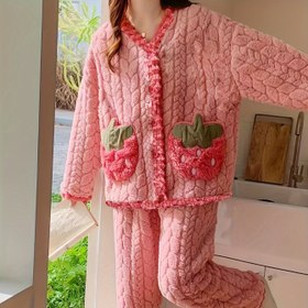 Resim Sonbahar ve Kış Rahat Konforlu Ev Sıcaklığı Artı Kadife Kalınlaştırılmış Mercan Kadife Uzun Kollu Cep Düğmeli Gecelik Tatlı ve Sevimli Basit Moda Ev Giysileri Şükran Günü Noel Sevgililer Günü Anneler Günü Hediyesi Giyilebilir Battaniye ile Uzun Pantolon Kadın Pijama Takımı 