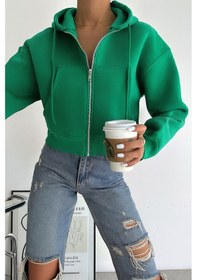 Resim Kadın Gri Fermuarlı Oversize Hoodie Günlük & Sokak Stili Yeşil 