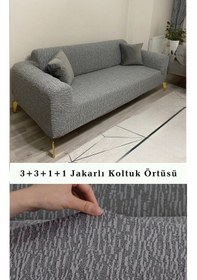 Resim StartMall Jakarlı Çubuk Desen Koltuk Örtüsü 3+3+1+1 Takımı Lastikli Esnek Yıkanabilir Çekyat Kanepe Kılıfı Gri 