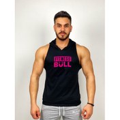 Resim Siyah Erkek Regular Fit -Pink Fitness Bull- Baskılı Kapüşonlu Kolsuz Sporcu Hoodie 