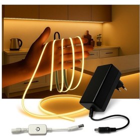 Resim Cob Led Şerit 5m 12v Beyaz Işık 320led/m 8mm Ip20 Adaptör Ve Dokunmatik Tuş Dahil Yapışkanlı Aydınlatma Hortumu 