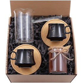 Resim Bambu Tabaklı Siyah Mermer Desenli Porselen Fincan Takımı & Cam C (506185155) 