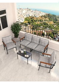 Resim Modern Serisi Bahçe Takımı, Bahçe Mobilyası, Metal Koltuk Takımı - 3+1+1 Sehpalı - Bendir Açık Gri Açık Gri 