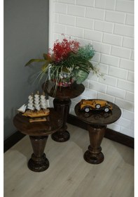 Resim Wood Wooden 3 Lü Set Fitilli Mantar Yan Sehpa Modern Ceviz Renk Fiskos Ceviz 