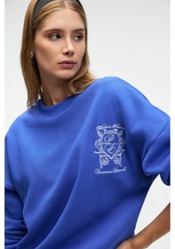 Resim Grimelange AUDRA Kadın Oversize Yuvarlak Yaka Nakış Detaylı Mavi Sweatshirt 