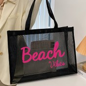 Resim 1 Adet Kadınlar İçin Casual Büyük Boy Mesh Plaj Çantası - Pembe "Beach Vibes" Baskılı, Dayanıklı Polyester Yeniden Kullanılabilir Alışveriş Çantası, Sabit Askılı, Astarlı Olmayan Market ve Seyahat Çantası, Plaj, Piknik, Trendy Plaj Giysisi, Sağlam Yapı 