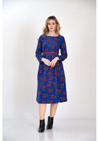 Resim Divitin Pazen'den Karanfil Desenli Kalem Kol Kışlık Elbise Mavi 