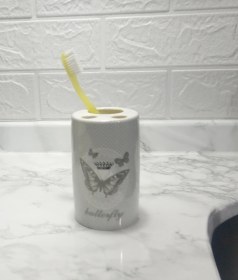 Resim 2 Adet Seramik Diş Fırçalık Kelebek Desenli 7x7x11cm Banyo Seti Çok Renkli 
