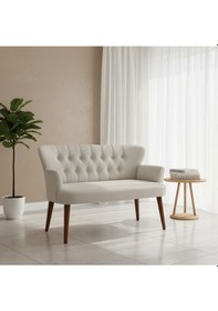 Resim Azra Mobilya Roma İkili Koltuk Keten Döşeme Ahşap Ayaklı Ofis Ve Ev Uyumlu Modern Kanepe - Krem Krem 