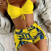 Resim Yeni İki Parçalı Seksi Yaprak Desenli İpli Kadın Bikini Plaj Mayo 