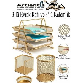 Resim Altın Sarı Metal Evrak Rafı 3 Lü Ve Masaüstü Kalemlik 3 Lü 1 Paket Masaüstü A4 Dosya 3 Katlı Düzenleyici Kağıt Tepsisi Altın 