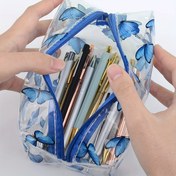Resim Kırmızı Kelebek Desenli Mavi Şeffaf PVC Kalem Kutusu ve Makyaj Organizatörü - Okul, Ofis, Seyahat için Dayanıklı Fermuarlı Saklama Çantası - Üniseks Yetişkin Kırtasiye & Kozmetik Çantası, Fermuarlı Kapatma 