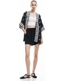 Resim Koton Viskon Yarım Kollu Etnik Kimono Siyah Desenli 5sal50004ıw Siyah Desenli 