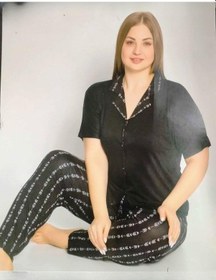 Resim Pijamoni Kadın Viskon Büyük Beden Kısa Kol Boydan Düğmeli İnce Pijama Takımı 7550/1 - 1 Adet 001 