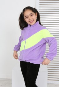 Resim Toontoy Kız Çocuk Dik Yaka Fermuarlı Renk Bloklu Reglan Kol Polar Hırka - Beli Ayarlanabilir Lastikl 