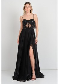 Resim Doridorca Kadın İp Askılı Payetli Uzun Abiye Elbise 6031 Siyah Siyah 