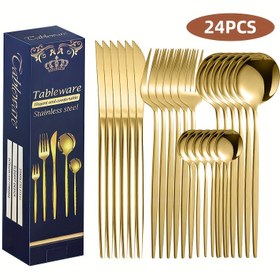 Resim 24 Parça Altın Paslanmaz Çelik Çatal-Bıçak Seti Düğün, Doğum Günü, Bar & Bat Mitzvah için - Şık Çatal-Bıçak Takımı Yemek Bıçağı, Çatal, Kaşık ile - Dayanıklı, Modern Sofra Takımı Ev, Mutfak, Restoran için - Özel Günler ve Tatiller için İdeal 