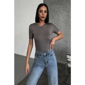 Resim Rahat ve Şık Kısa Kollu Bisiklet Yaka Likralı Viskon Penye Body Füme ( Lisinya ) 