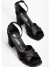 Resim Büyük Numara Kadın Topuklu Sandalet Çapraz Parlak Siyah Bantlı Baretli-3862 Siyah - Rugan 
