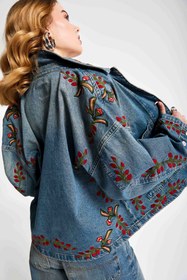Resim Kadın T.Kot Rengi 2S566 Çiçek Nakışlı Oversize Tasarım Denim Ceket - Tint Kot Rengi / S/M 