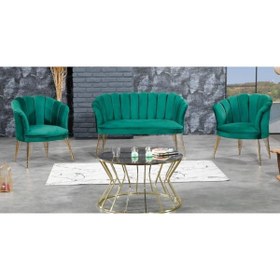 Resim Mert Concept Çay Seti Koltuk Takımı 2+1+1 Papatya Yeşil Gold Metal Ayak Salon Kafe Balkon Otel Ofis Berjer Ikili 