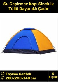 Resim Premium Su Geçirmez Kapı Sineklik Tüllü Dayanıklı Kumaş Pratik Kolay Kurulum 4-5 Kişilik Kamp Çadırı Mavi - Turuncu 