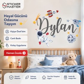 Resim Kişiye Özel İsimli Astronot Duvar Stickeri - 22 inch / 56 cm / Kraliyet Mavisi 