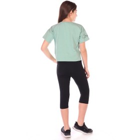 Resim Toontoy Kids Toontoy Kız Çocuk 2'li Takım Baskılı Bisiklet Yaka T-shirt & Beli Lastikli Crop Tayt - Yırtmaç Detaylı Yeşil 