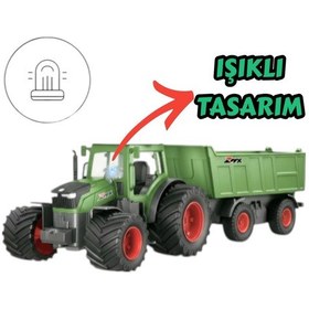 Resim Uzaktan Kumandalı Işıklı Büyük Boy Hareketli Römork Traktör 2.4ghz 42cm Kumandalı Oyuncak Traktör Yeşi 