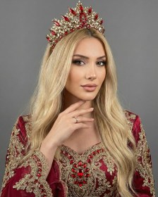 Resim Işıltılı Kına Gecesi Tacı - Kristal Taşlı Çift Renkli Model - Kırmızı 