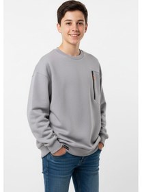 Resim Bisiklet Yaka Cep Fermuar Detaylı Erkek Çocuk Sweatshirt-90852 Gri 