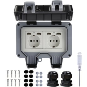 Resim , İngiliz ve Fransız tarzı USB*2/USB+Type-C'li dış mekan priz kutuları. IP66 dereceli AC220V/16A dayanıklı kapaklı priz kutusu, mutfak, banyo ve bahçe duvar prizleri için uygundur 